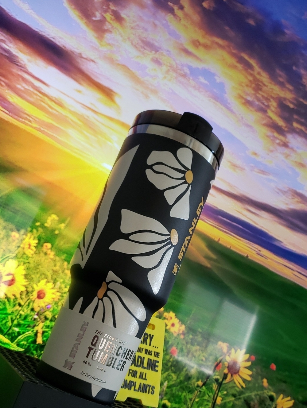 Stanley Black Tumbler with White and Gold Floral Accents